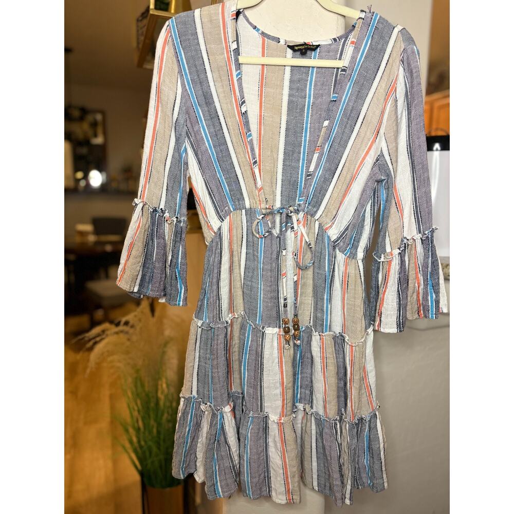Spiaggia Dolce Deep V-Neck Striped Tassels Beach Tunic Dress Cover-up small 4-8